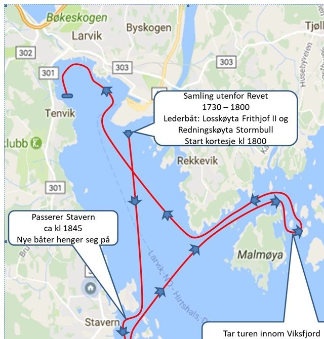 Båtforeningene rundt  Larviksfjorden, seileforeningen og Kystlaget Fredriksvern har blitt enige om å arrangere felles båtkortesje St Hans med samling utenfor Revet kl 1730 - 1800 og start kl 1800. Kortesjen ventes å passere Stavern kl 1845 og eget St Hans arrangement på Fredriksvern. Tradisjonen tro, passerer kortesjen Kysthospitalet for så å returnere til Stavern, over fjorden og inn Viksfjord, forbi Bukkeholmen og Brentholmen på vestre side, over mot Uleholmen og Kråkeholmen, mot Seilerhytta, ut til Hummerberget og videre innover for å passere Tollerodden og deres arrangement, Pakkhuset og hotell Farris og avsluttes utenfor Langestrand (se kart nedenfor).

Lederbåter for kortesjen vil være losskøyta Frithjof II og redningsskøyta Stormbull
